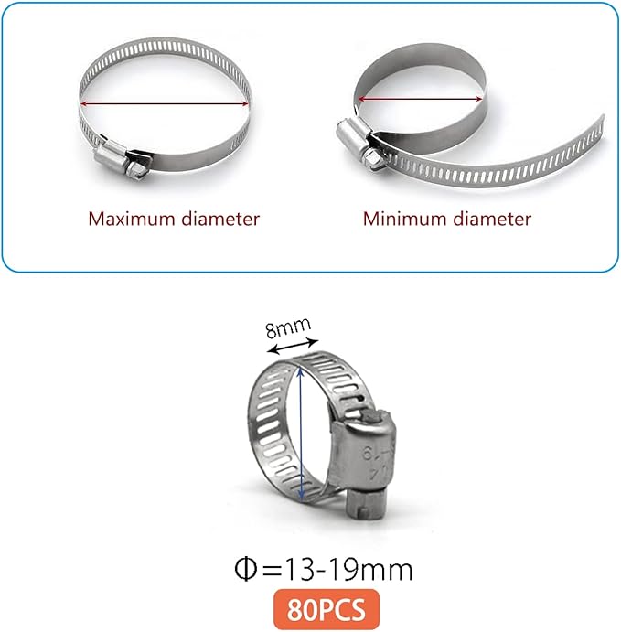 Hose Clamp, 80 Pack Stainless Steel Hose Clamps Worm Gear Fuel Line Pipe Clamps, 13-19mm (1/2-3/4 inch)