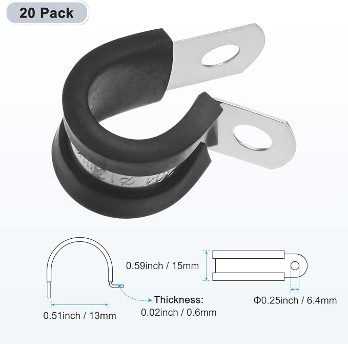 20-Pack Cable Clamps, 33/64 Inch/ 13 mm 304 Stainless Steel Rubber Cushioned Insulated Cable Clamp R Shape Metal Holder for Tube/Wire/Pipe/Loop Installation