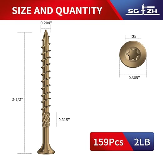 #10 x 2-1/2" Deck Screws (159Pcs) 2lb. Carbon Steel, Yellow, Flat Head, Rust Resistant epoxy Coated, with T25 Star Bit