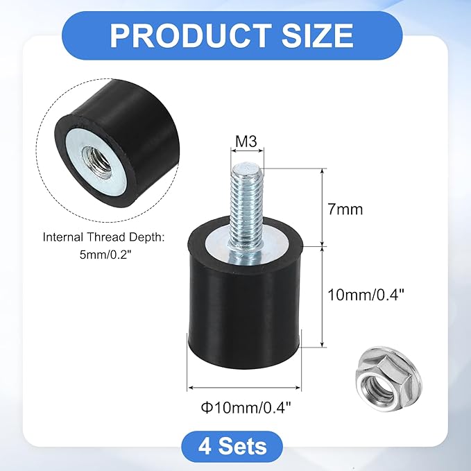 uxcell M3 Rubber Mounts, 4Pcs 10x10mm(DxH) Rubber Cylindrical Anti Vibration Isolator Shock Absorber with Lock Nut for Car Bobbin Generator Air Compressors