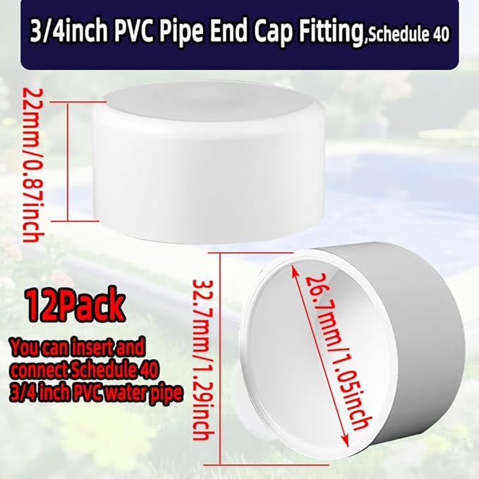 12pcs 3/4inch PVC Pipe End Cap Fitting,Schedule 40,3/4" PVC Pipe End Cap Plug Adapter for Cold Water Supply Lines,Garden Irrigation,DIY Garden Shelf,White.