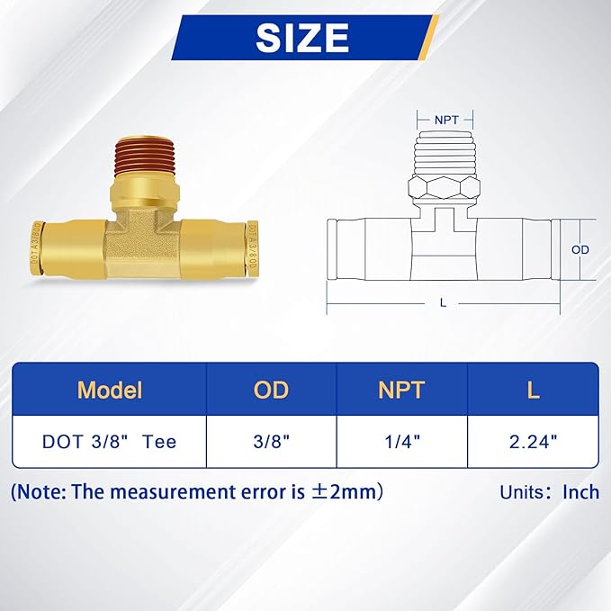 3/8" DOT Air Line Fittings Tee, 3PCS Brass Air Brake Fittings 3/8" Tube OD × 1/4" NPT × 3/8" Tube OD Push to Connect Tee Union to Male Pipe Swivel for Truck Trailers Air Brake System