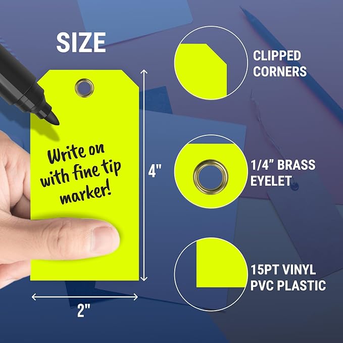 Tags 4 Less 15 Mil Waterproof Plastic Tags, Pack of 100 – 2” x 4” Heavy Duty Plastic Tags for Labeling, Outdoor Tagging, Equipment Labeling, Luggage, Valves & More (Fluorescent Yellow)