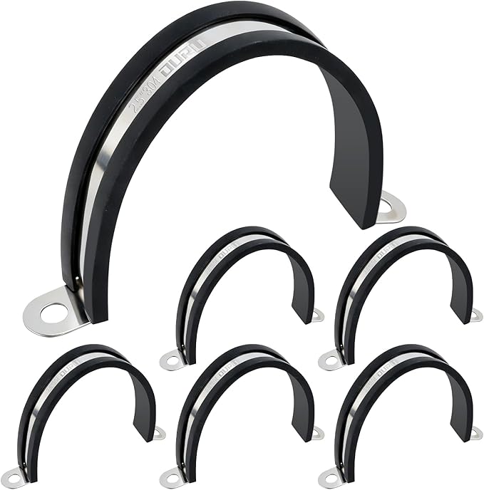 6pcs 2.5 Inch Pipe Clamp 304 Stainless Steel, Heavy Duty Rubber Cushioned Insulated Pipe Strap, U Bracket Clamp Conduit Clamp for Automotive, Wire & Tube