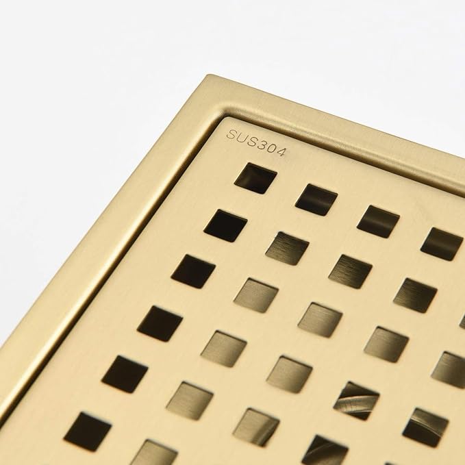 6 Inch Square Shower Floor Drain with Flange,Quadrato Pattern Grate Removable,Food-Grade SUS 304 Stainless Steel,Brushed Gold