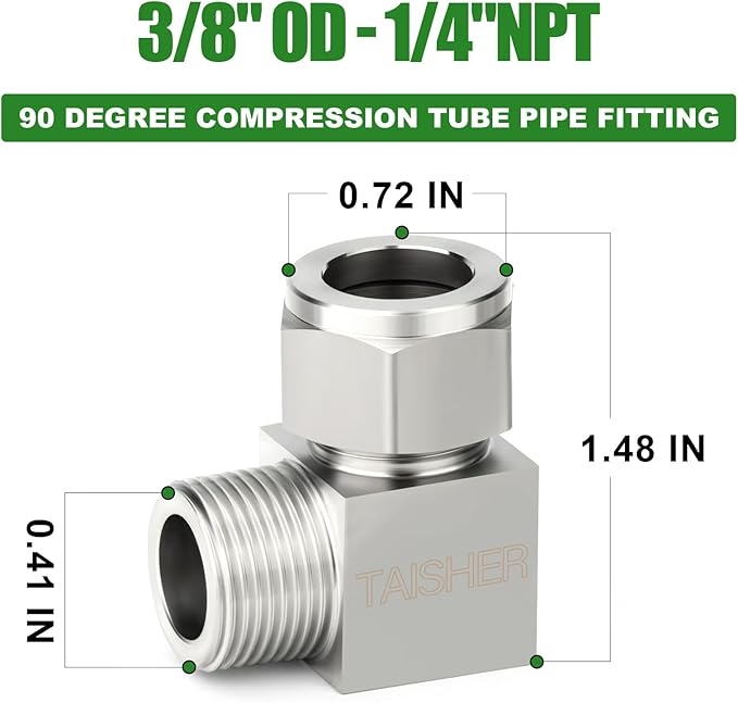 TAISHER 2PCS 304 Stainless Steel Square 90 Degree Compression Tube Pipe Fitting Connector, 3/8" Tube OD x 1/4" NPT Male Adapter