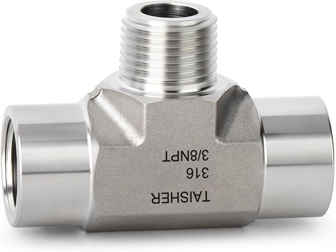 TAISHER 1PCS Forging of 316L Stainless Steel Tee Pipe Fittings, 3/8" NPT Female x 3/8" NPT Male x 3/8" NPT Female Pipe Fittings, Male Branch Tee