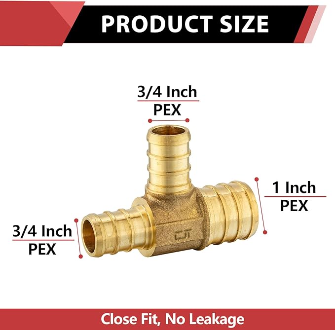 (Pack of 5) EFIELD Pex 1" x3/4" x 3/4" Reducing Tee Crimp Barb Brass Fittings,(PEX1807088)