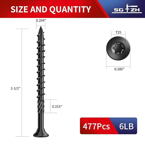 #10 x 2-1/2" Deck Screws (477Pcs) 6lb. Carbon Steel, Black, Flat Head, Rust Resistant epoxy Coated, with T25 Star Bit