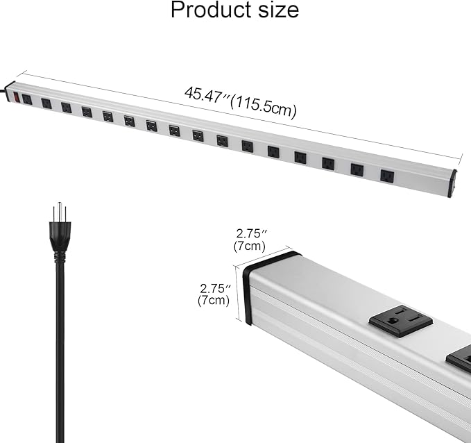 Heavy Duty Power Strip - 16 Outlet Large Metal Industrial Power Strip, 15FT Cord, 15A, 125V, 1875W (Silver)