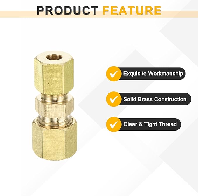 uxcell 10Pcs Brass Compression Tube Fitting, 3/16" Tube OD x 1/4" Tube OD Connector Straight Coupling Adapter Union Fittings