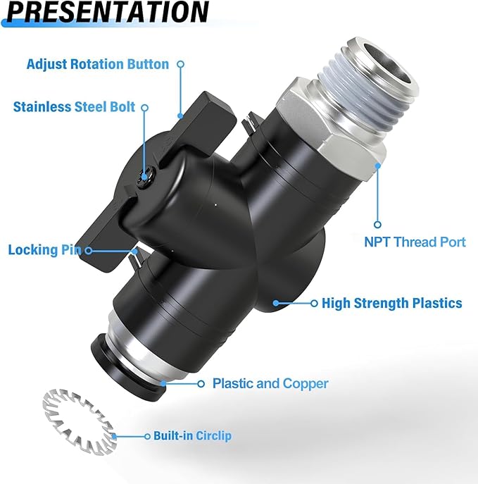 TAILONZ PNEUMATIC 6MM Tube OD x 1/8 Inch NPT Thread Ball Valve Air Flow Control Valve Push to Connect Fitting BVC6-N1（Pack of 3）