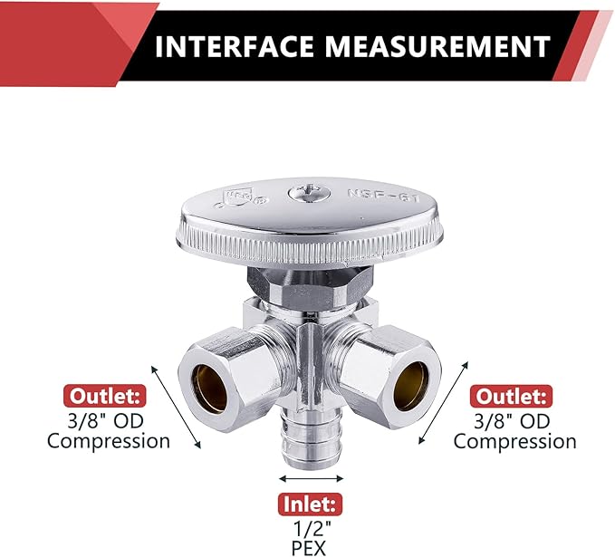 (Pack of 10) EFIELD Dual Outlet Angle Stop Valve, Multi-Turn, 1/2" Crimp Barb Pex Inlet x (3/8 inch x 3/8 inch) Compression Outlet, Chrom Plated,(VALVE063-10PCS)
