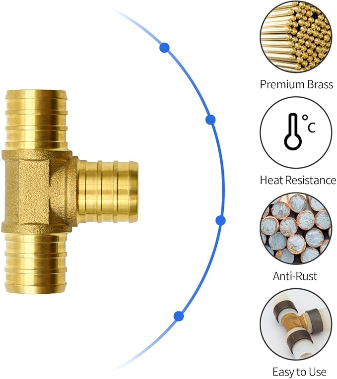 10 Pack 3/4" PEX Fittings, Brass Tee Fittings, for PEX Tubing Pipe