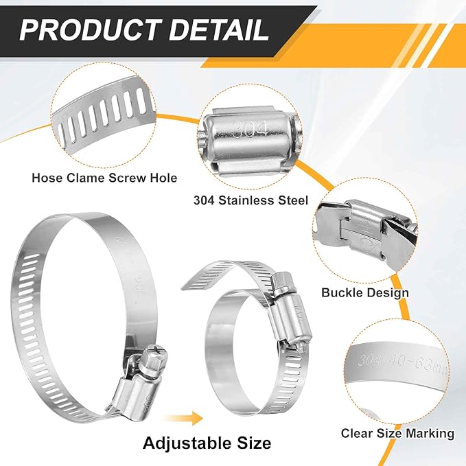 HARFINGTON 12 Pcs Hose Clamp 13/16"-1-3/4" (21-44mm) 304 Stainless Steel Adjustable Worm Gear Hose Clamp with Phillips Screw Assortment Kit for Fuel Line Pipe Plumbing Automotive Tube