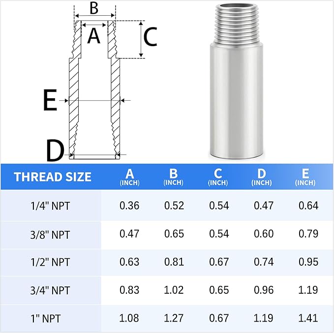 ChillWaves 304 Stainless Steel Pipe Fitting, Nipple Cast Pipe 3/8" NPT Male x 3/8" NPT Female Thread 2" Length(50MM)(2-PACK)