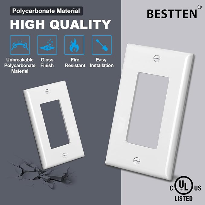 BESTTEN 10 Pack 1-Gang Decorator Wall Plate, Standard Size, H4.53” x W2.76”, Unbreakable Polycarbonate Outlet and Switch Cover, White, UL Listed