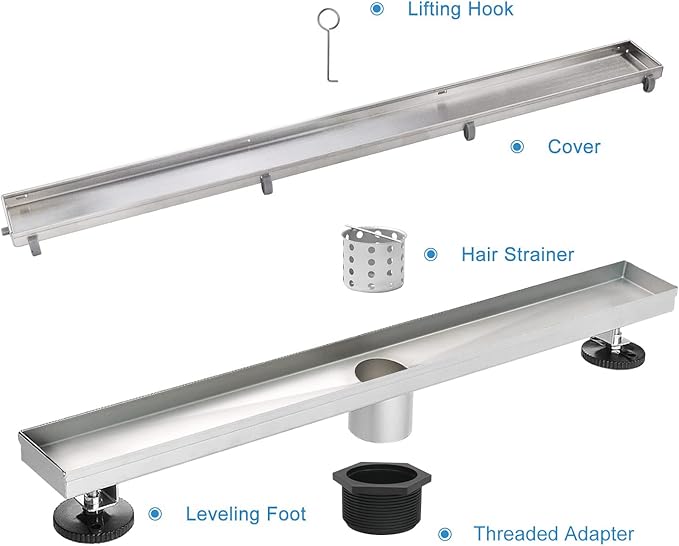 Linear Shower Drain, 28 inch Drain with Tile Insert 2-in-1 Panel, Brushed 304 Stainless Steel Shower Floor Drain, Linear Drain with Hair Strainer and Adjustable Feet