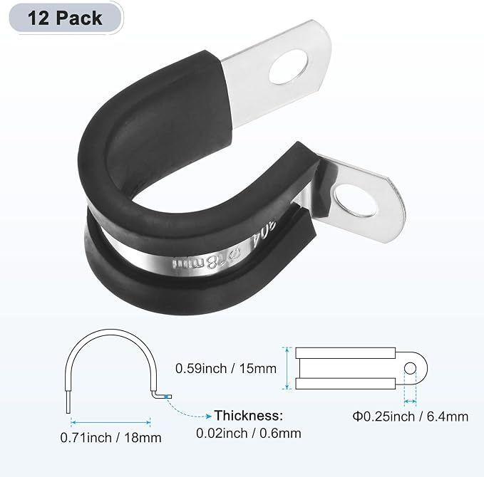 12-Pack Cable Clamps, 23/32 Inch/ 18 mm 304 Stainless Steel Rubber Cushioned Insulated Cable Clamp R Shape Metal Holder for Tube/Wire/Pipe/Loop Installation