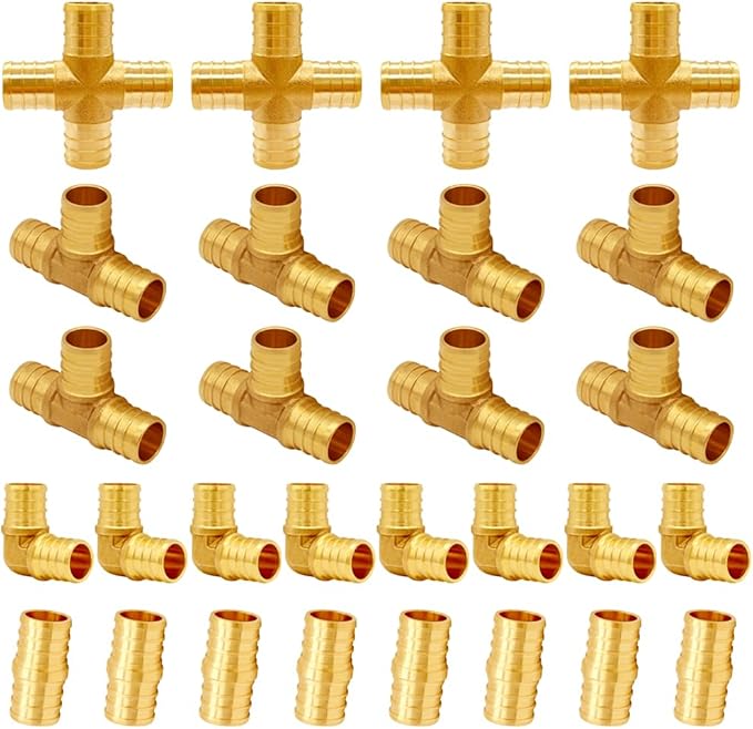 28PCS LF Brass 1/2 Inch PEX Coupling Barb Crimp Pipe Tube Fitting Kit (8PCS Straight + 8PCS Elbow + 8PCS Tee + 4PCS 4-Way)