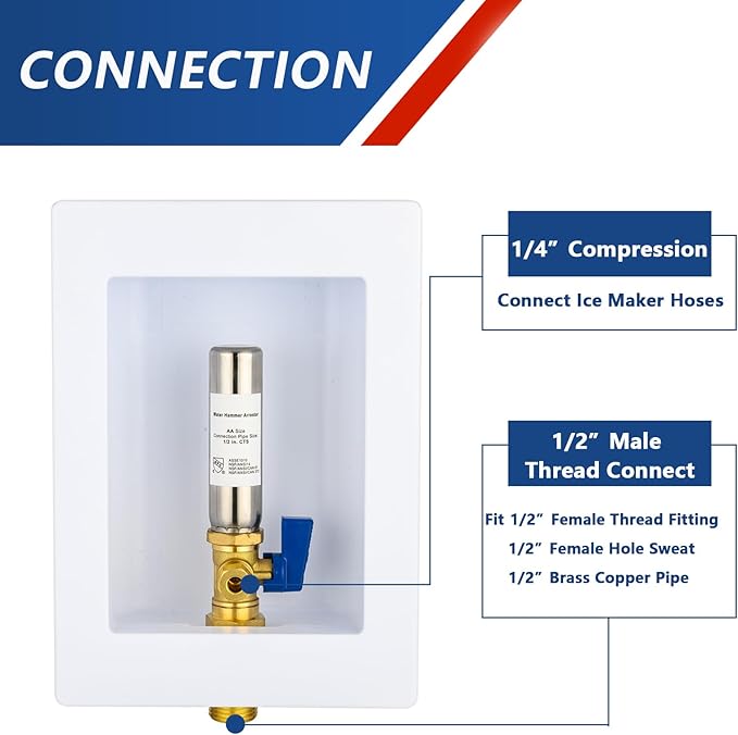 Ice Maker Outlet Box with Stainless Steel Water Hammer Arrestor,1/2 Inch Sweat (MIP) Inlet and 1/4 Inch OD Compression Outlet Connection, Icemaker Box with Installed 1/4-Turn Ball Valve