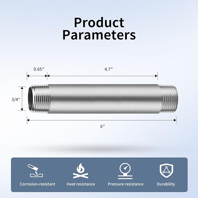 3/4"x6" 304 Stainless Steel Pipe, 3/4" NPTx 3/4" NPT Male Threaded Nipple, SCH40 Heavy Duty Pre-Cut Steel Pipe for Plumbing Gas, Hydraulic, and Industrial Applications(6", 4 Piece)