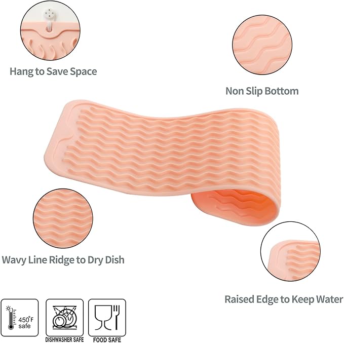 Silicone Dish Drying Mat for Multiple Usage,Easy clean,Eco-friendly,Heat-resistant Silicone Mat for Kitchen Counter,Sink,Bar,Bottle,or Cup Pink M 17 inches x 6 inches