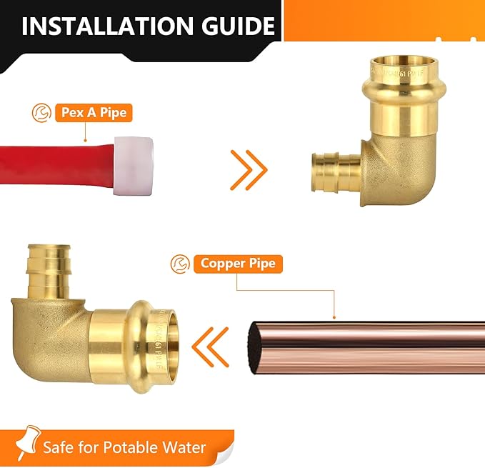 5-Pack HeSun Copper Press Fitting Elbow, 3/4" PRESS X 1/2" PEX-A F1960 Expansion Elbow, LF Brass