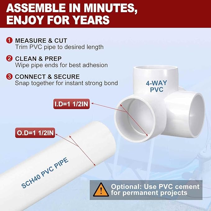 4Pcs 1 1/2" Elbow PVC Fitting, Schedule 40 4-Way Tee Furniture Grade PVC Pipe Fitting, DIY Corner Elbow Connector for Building Furniture, Greenhouse Frame Connection, White