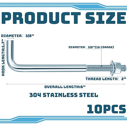 10 Pcs J Bolt Galvanized Anchor Bolts Galvanized Concrete Fastener Concrete Cement Post Anchor with Nuts and Washers for Foundation Wall Hardware Brick Projects, Gray(3/8-16 x 6)