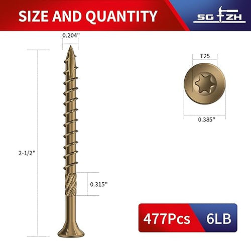 #10 x 2-1/2" Deck Screws (477Pcs) 6lb. Carbon Steel, Yellow, Flat Head, Rust Resistant epoxy Coated, with T25 Star Bit