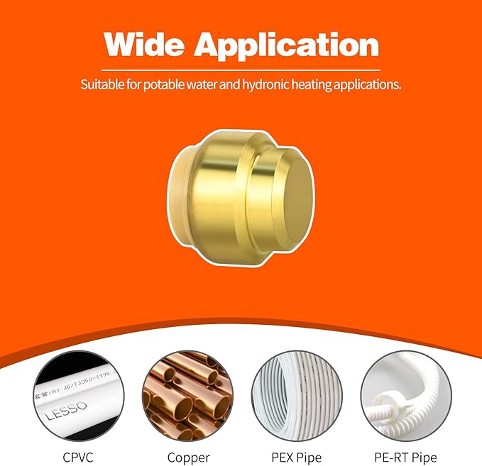 2 Pack Push-to-Connect Plumbing Fittings, 1/2" Pushfit End Cap Fittings with Disconnect Clip for Copper, PEX, CPVC Pipe