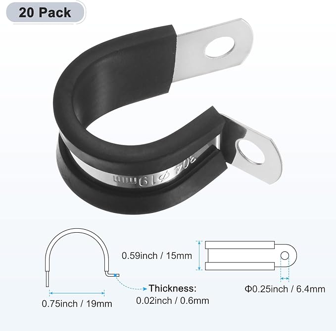 20-Pack Cable Clamps, 3/4 Inch/ 19 mm 304 Stainless Steel Rubber Cushioned Insulated Cable Clamp R Shape Metal Holder for Tube/Wire/Pipe/Loop Installation