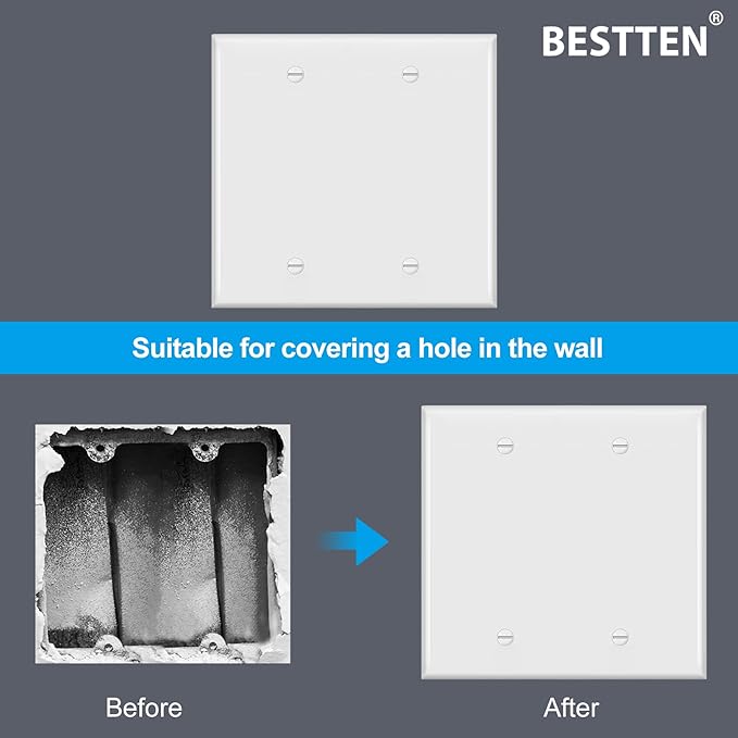 [2 Pack] BESTTEN 2-Gang No Device Blank Wall Plate, H4.53” x W4.57”, Standard Size, Unbreakable Polycarbonate Thermoplastic Outlet cover, UL Listed, White