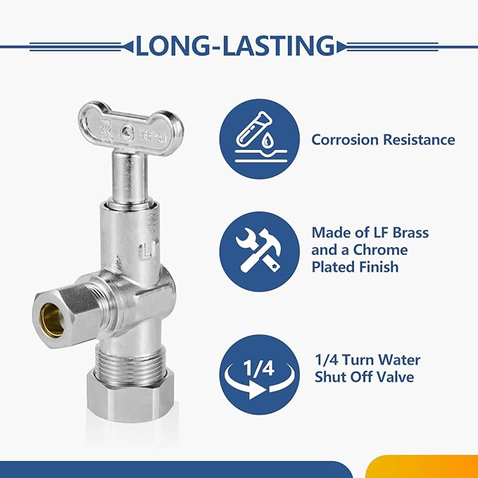 100-Pack GUOFIS Angle Stop Valve with 1/4 Turn Loose Control Key,1/2" Nominal (5/8" OD) Compression x 3/8" OD,Chrome Plated Brass Shut-off Valves for Potable Water(VALVE142-100Pack)