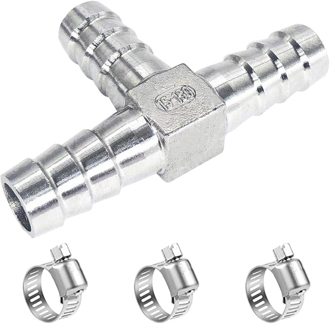 3/4" Tee Hose Barb Fitting Stainless Steel Equal Barb 3 Way T shaped Splitter Joint Connector Adapter Union Fitting for Fuel Gas Liquid Air