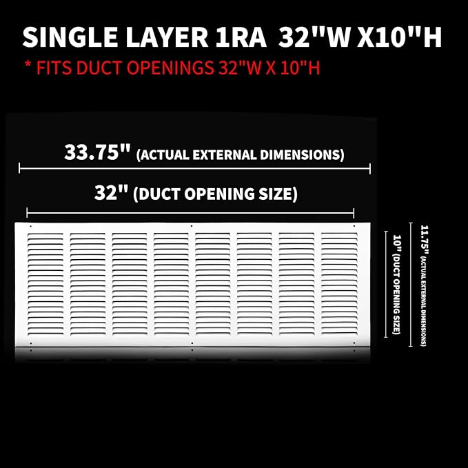 32 x 10 Vent Cover(Duct Opening Size),Air Return Vent Cover,Flat Vent Cover,Rejillas De Aire Acondicionado para Casa,Return Air Grilles,Outer Dimensions:33.75"Wx11.75"H(32"W x 10"H, Duct Opening)