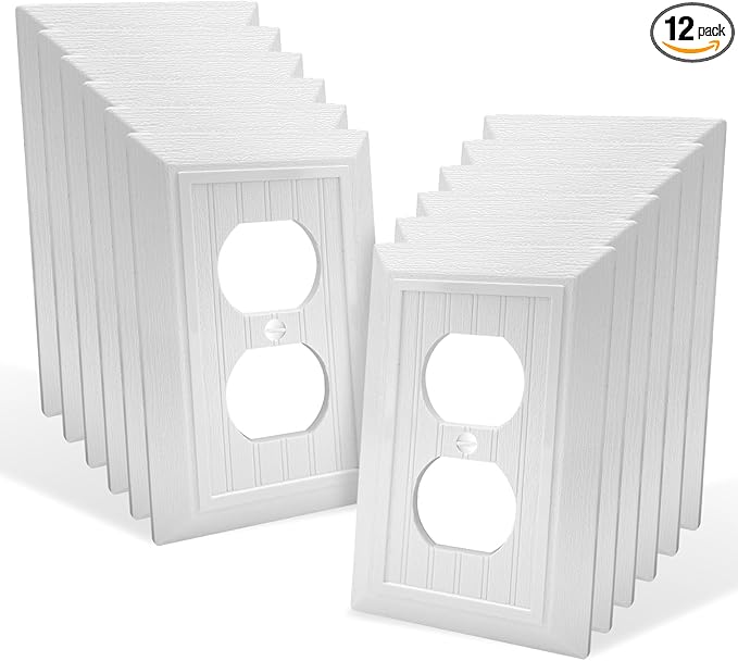 Classic Retro Wood Grain Design Style, 12-Pack White Outlet Covers Plate, Modern Decorative Electric Receptacle Light Switch Cover Plates (1-Gang Duplex Mid-Size)