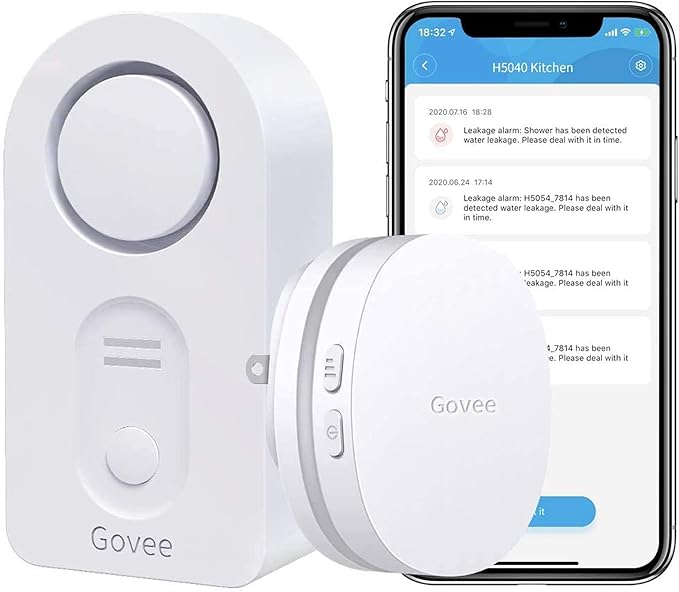 Govee WiFi Water Sensor 1 Pack, Smart Water Leak Detector, 100dB Adjustable Alarm Suit for Home and Basement, Water Leak Alert with Email & APP Push (Only Support 2.4G Wi-Fi)
