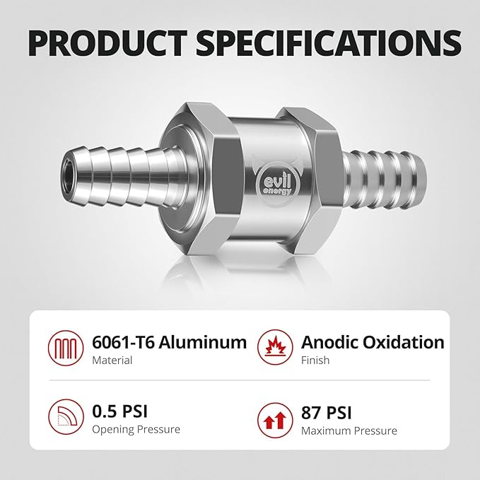 EVIL ENERGY 5/16'' (8mm) Check Valve, 3 Pcs Aluminum One Way Fuel Check Valve for Gasoline, Diesel & Coolant with Universal Hose Clamps, Silver