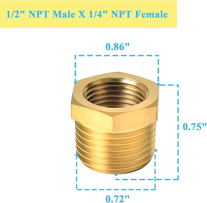 6 PCS Brass Reducer Hex Bushing Threaded Pipe Fitting 1/2" NPT Male x 1/4" NPT Heavy Duty Brass Fitting Pipe Hose Tube Adapter Convert