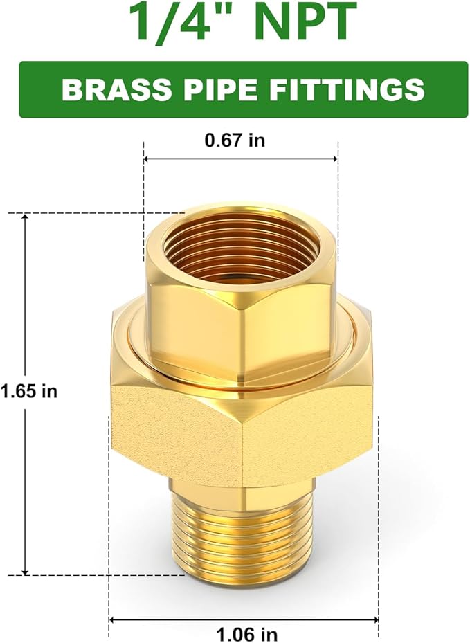 TAISHER 2PCS Brass Union，1/4" NPT Male x 1/4" NPT Female Brass Pipe Fitting