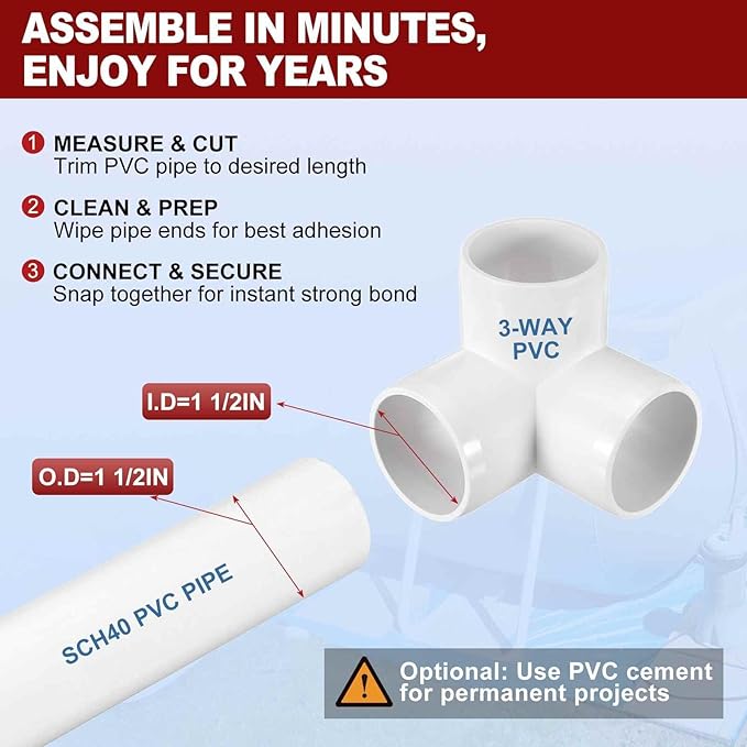 2Pcs 1 1/2" Elbow PVC Fitting, SCH40 3-Way Tee Furniture Grade PVC Pipe Fitting, DIY Corner Elbow Connector for Building Furniture, Greenhouse Frame Connection, Socket x Socket