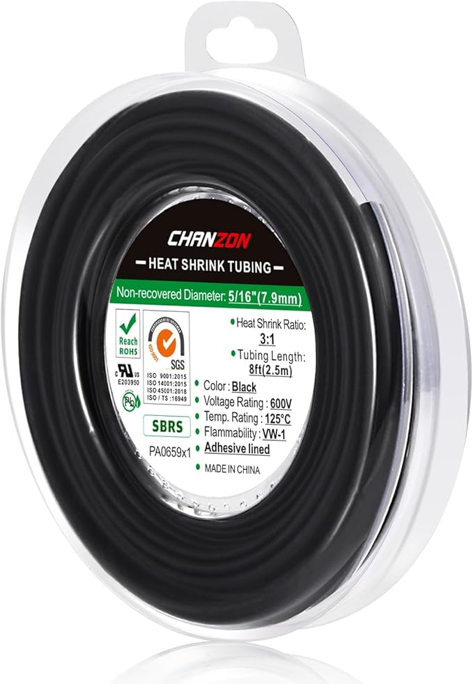 Chanzon 3:1 Ratio 5/16" (7.9mm) Heat Shrink Tubing - Marine Grade Waterproof Adhesive Lined - 8Ft Roll (2.5M Total Length) Black Polyolefin Sleeving Wrap Shrinking 3 to 1 Ratio 1pcs