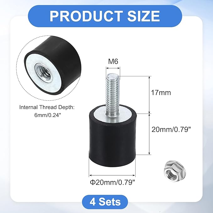 uxcell M6 Rubber Mounts, 4Pcs 20x20mm(DxH) Rubber Cylindrical Anti Vibration Isolator Shock Absorber with Lock Nut for Car Bobbin Generator Air Compressors