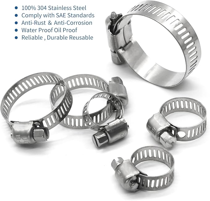 16 Pack Stainless Steel Hose Clamps, 1 inch to 2 inch Worm Gear Metal Hose Clamps for Pipe, Dryer Repair, Tubing and Fuel Line