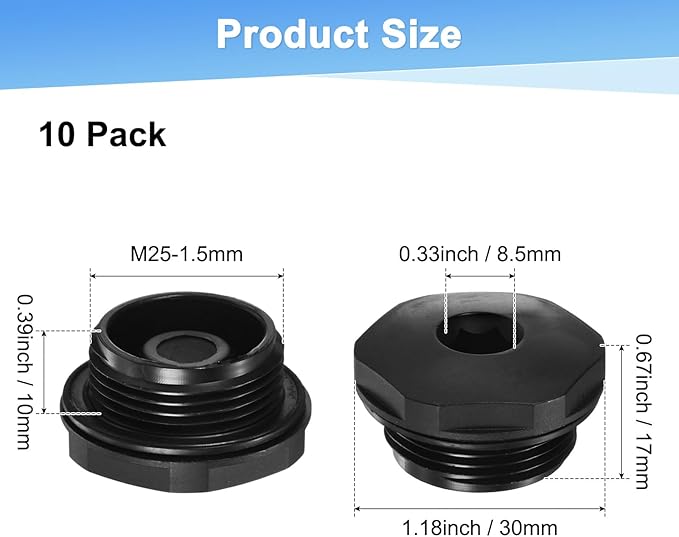 5-Pack Inner Hex Head Pipe Plug End Cap, M25x1.5mm Nylon Garden Hose Stopper Connector Plug with Sealing Ring for Terminating Pipe Ends [Black]