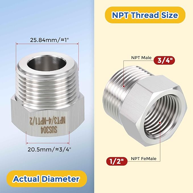 2 Pack 304 Stainless Steel Pipe Fittings, 3/4" MNPT to 1/2" FNPT Hex Bushing Reducer, Hose Tube Threaded Adapters for Air, Oil, LP, Gas