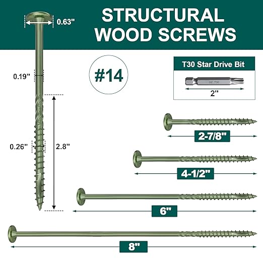 #14 Heavy-Duty Wood Screws, Star Drive Deck Screws, Rust Resistant Timber Screws for Timber/Log/Landscaping Wood (8 Inch,50Pcs,Green)