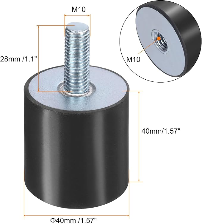 uxcell 6pcs M10x28mm Rubber Isolator Mounts with Studs 40x40mm Male Female Vibration Shock Absorber Zinc Plated Cylindrical Thread Mounts Anti Vibration Isolators with 6pcs M10 Lock Nuts